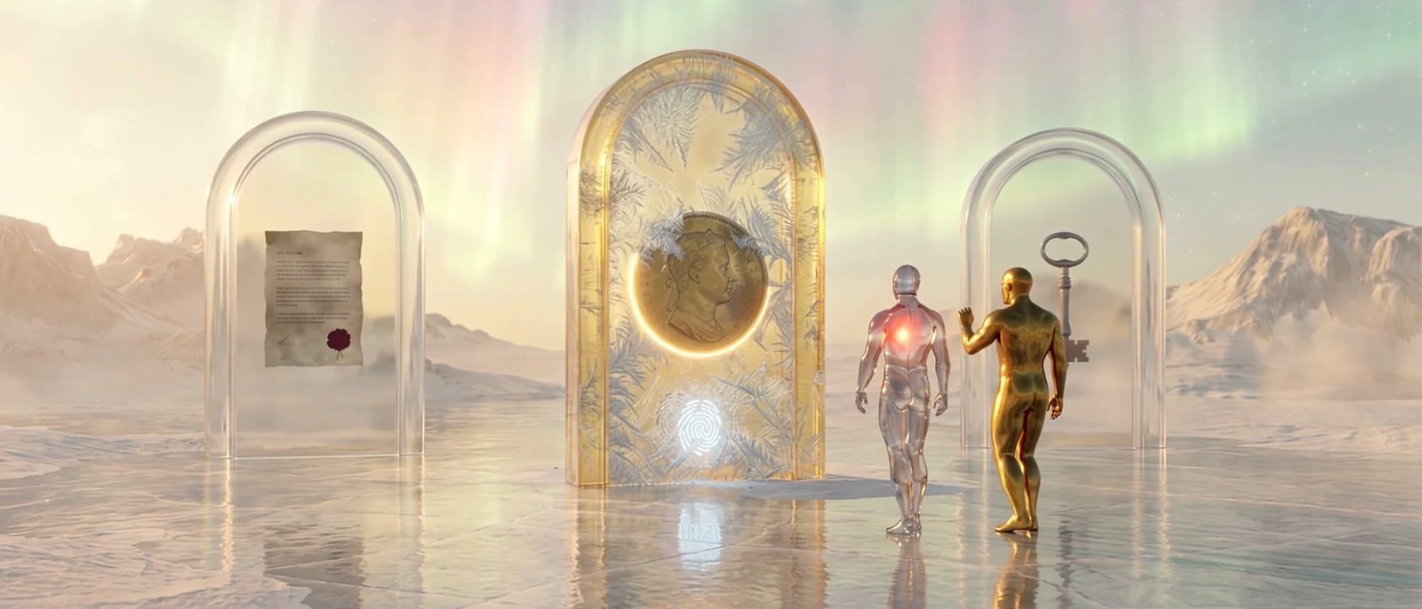 The human and gold twin stand beside a quiet gold authorization seal.
