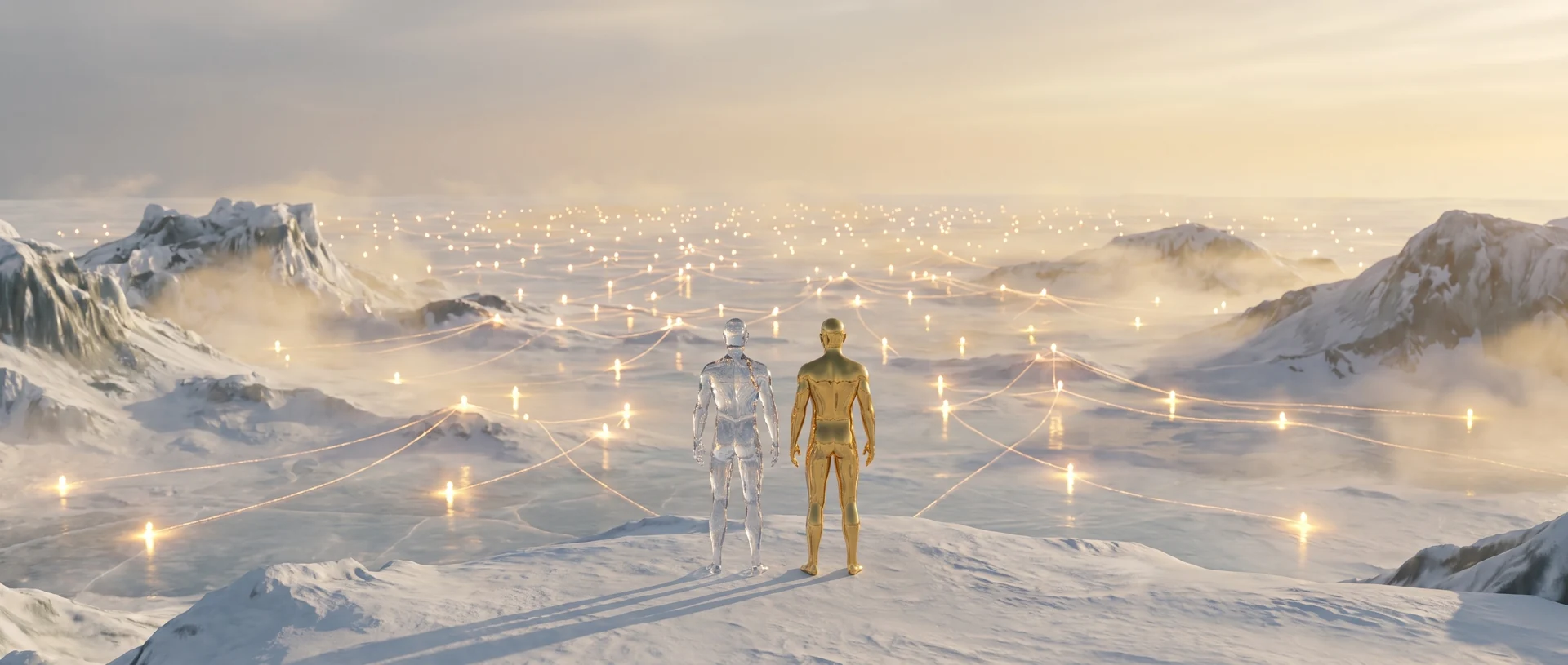 A crystal human and gold twin look toward a connected world in warm light.