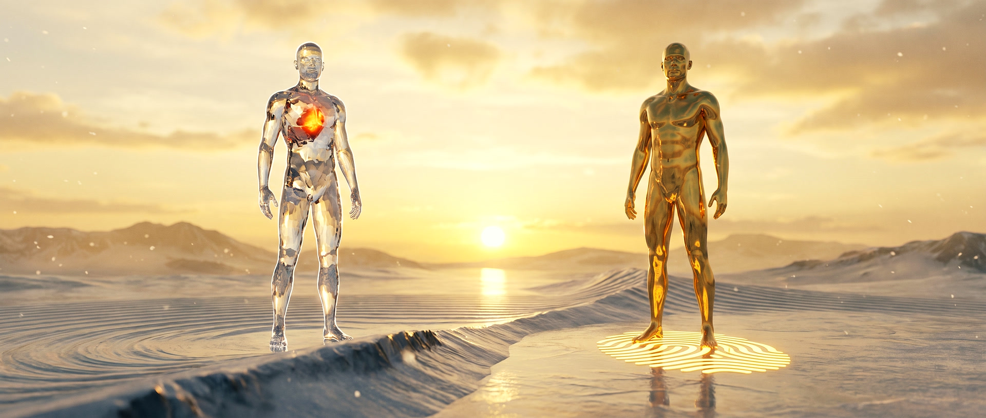 The crystal human and gold twin stand together in the light of an arctic sunrise.