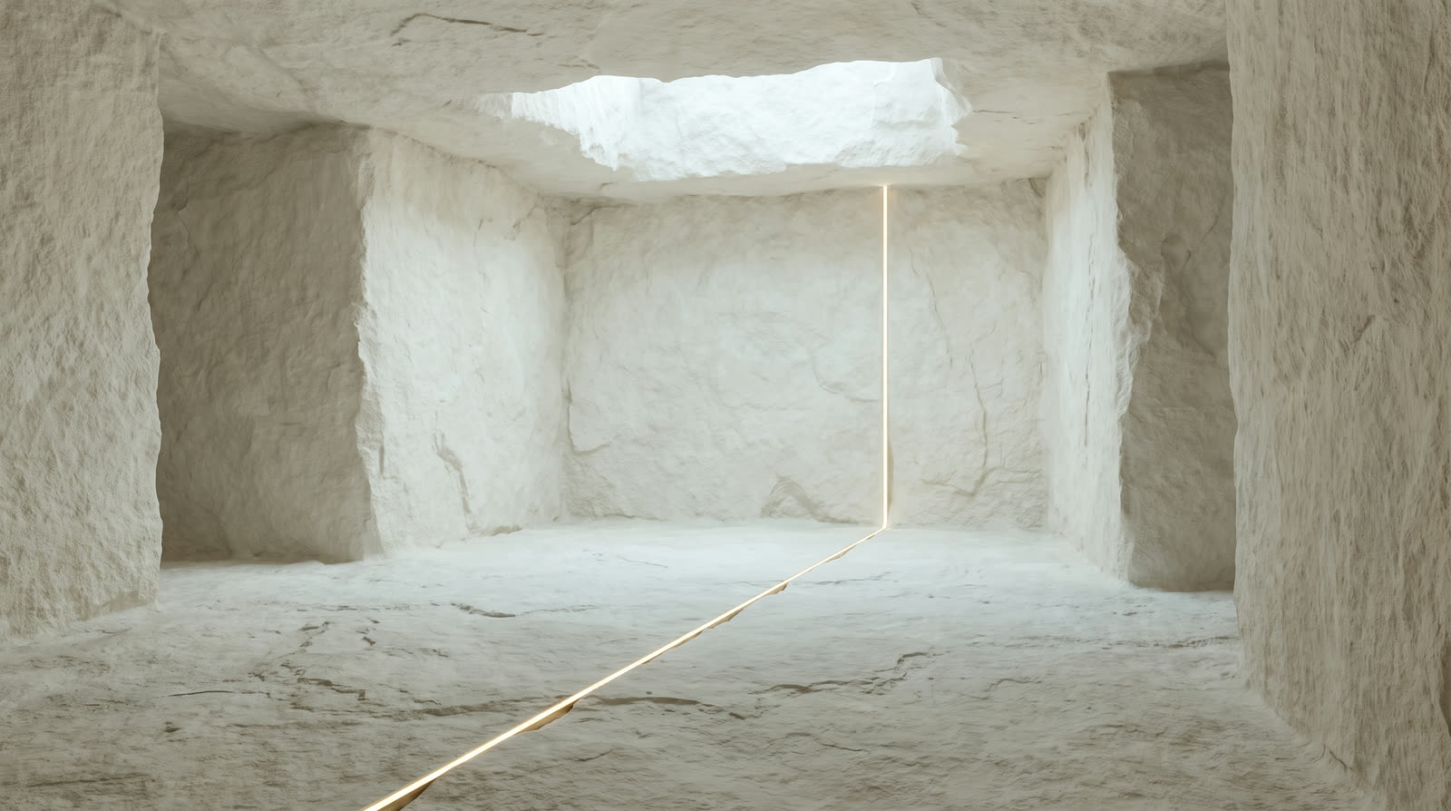 An empty pale stone room crossed by a single line of gold light.